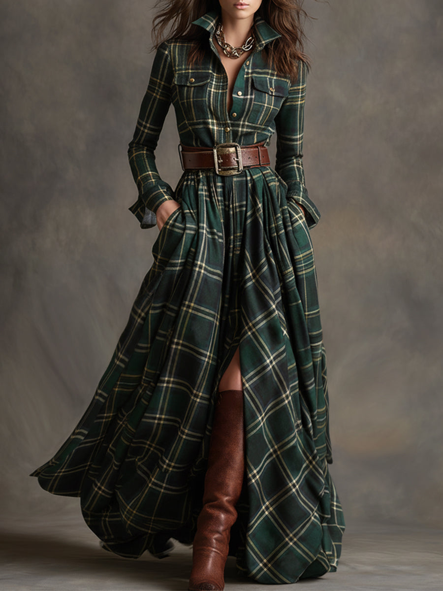 Monica | Brown Plaid Maxi Dress (With Belt)
