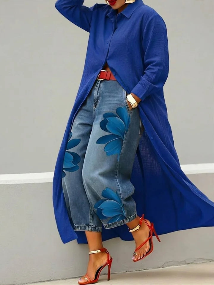 Elysia - Linen Shirt Dress and Floral Jeans