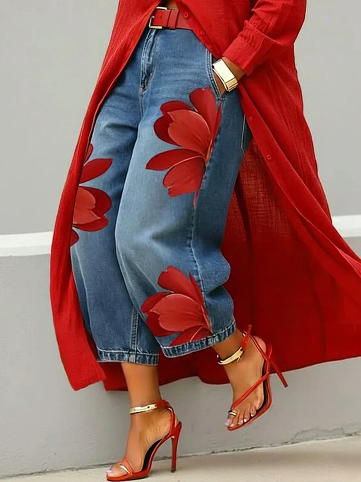 Elysia - Linen Shirt Dress and Floral Jeans