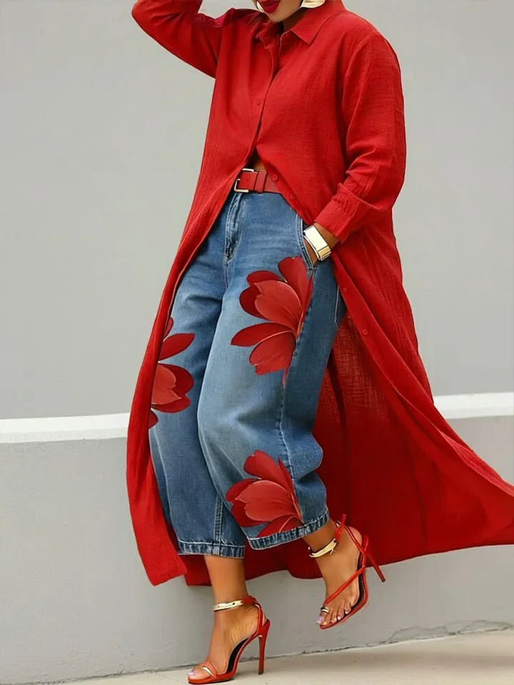 Elysia - Linen Shirt Dress and Floral Jeans