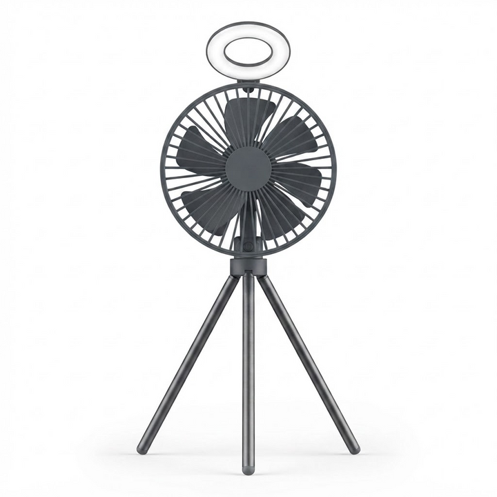 10,000mAh Portable Camping Fan – Rechargeable Tripod Design with LED Ring Light, Power Bank, and Air Circulator for Tents, Desks, and Outdoor Activities