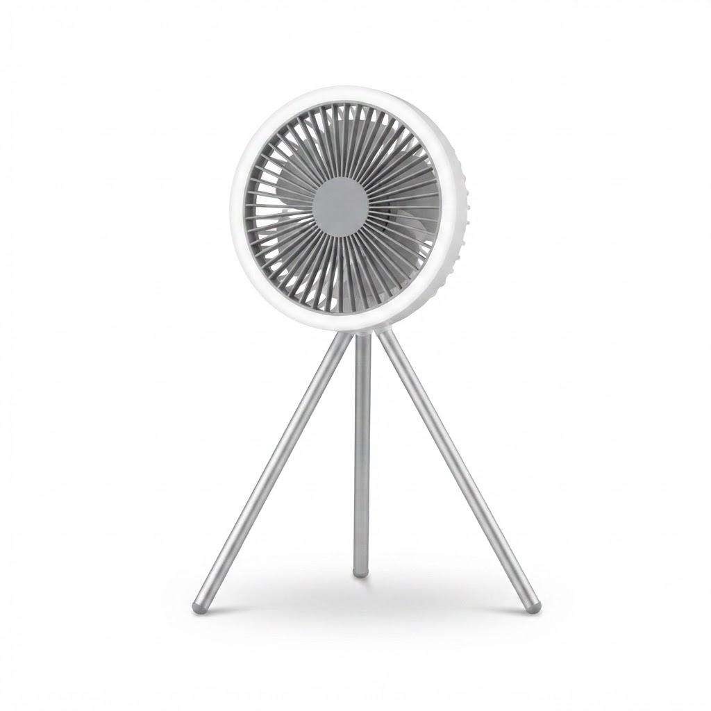 10,000mAh Portable Camping Fan – Rechargeable Tripod Design with LED Ring Light, Power Bank, and Air Circulator for Tents, Desks, and Outdoor Activities
