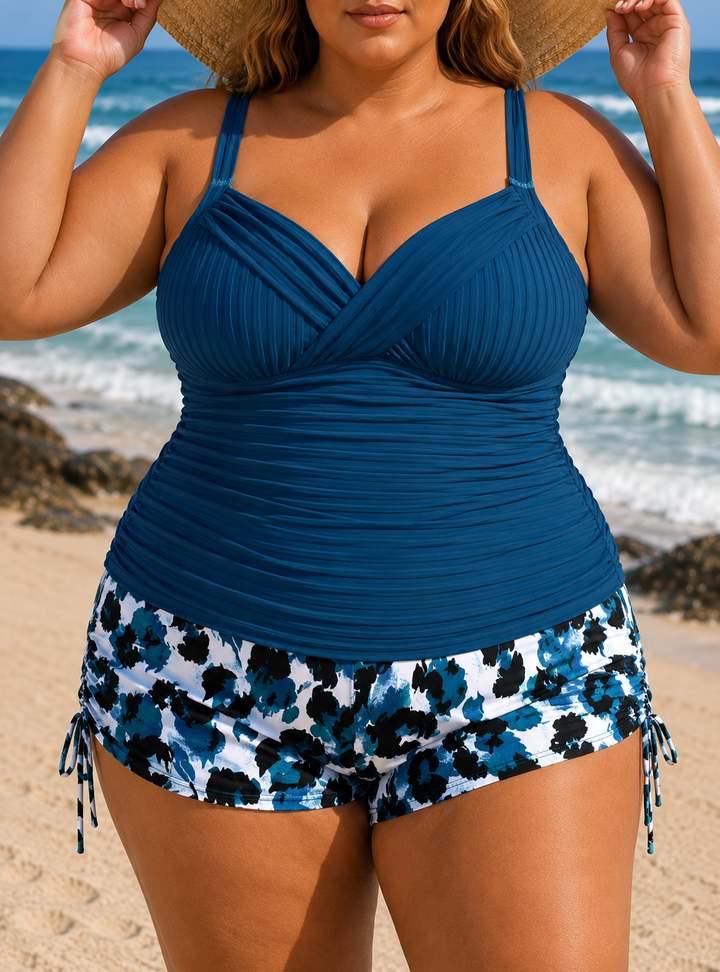 Gabby | Plus Size Ribbed Tankini Set with Printed Shorts