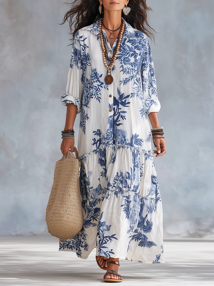 Dahlia™ | Bohemian Blue Floral Tiered Maxi Dress with Button-Down Detail