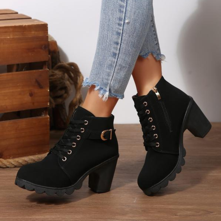 CATY™ - Chic Lace-Up Metal Buckle Chunky Ankle Boots