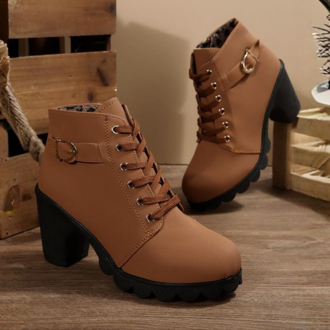 CATY™ - Chic Lace-Up Metal Buckle Chunky Ankle Boots