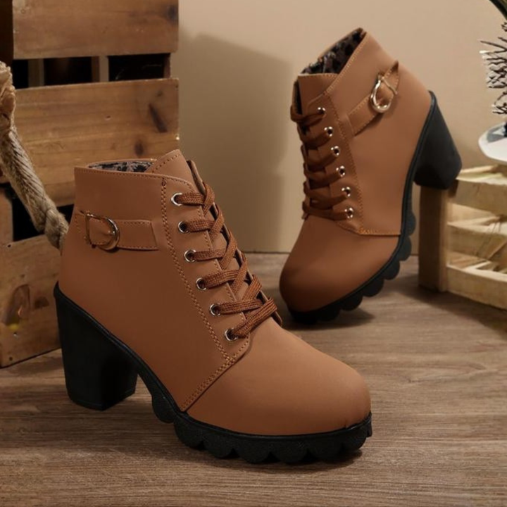 CATY™ - Chic Lace-Up Metal Buckle Chunky Ankle Boots