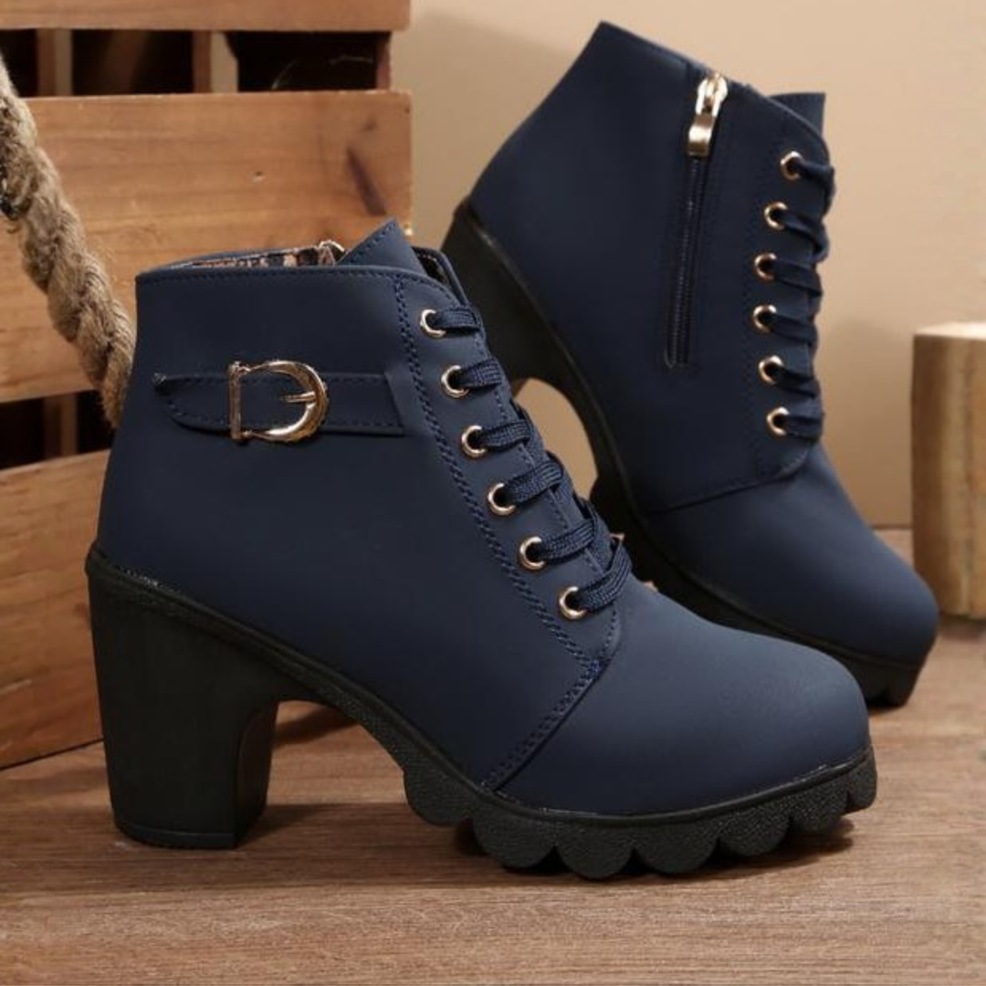CATY™ - Chic Lace-Up Metal Buckle Chunky Ankle Boots