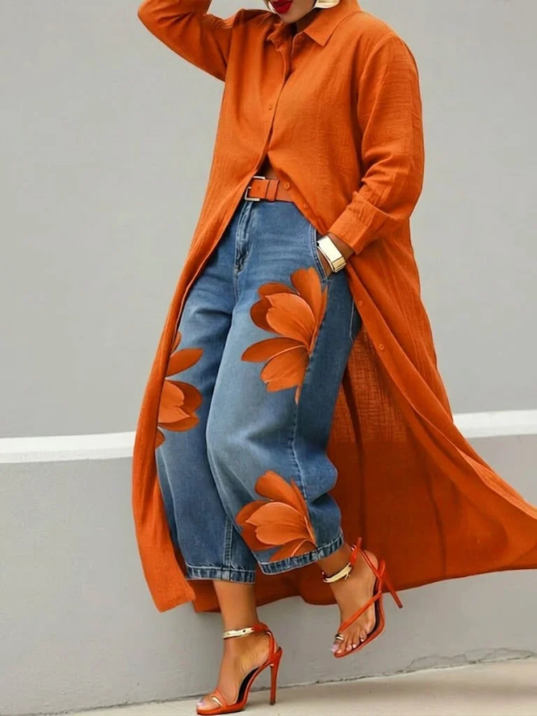 Elysia - Linen Shirt Dress and Floral Jeans