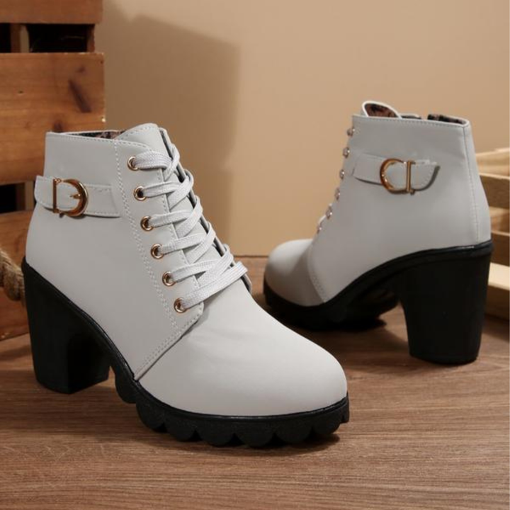 CATY™ - Chic Lace-Up Metal Buckle Chunky Ankle Boots