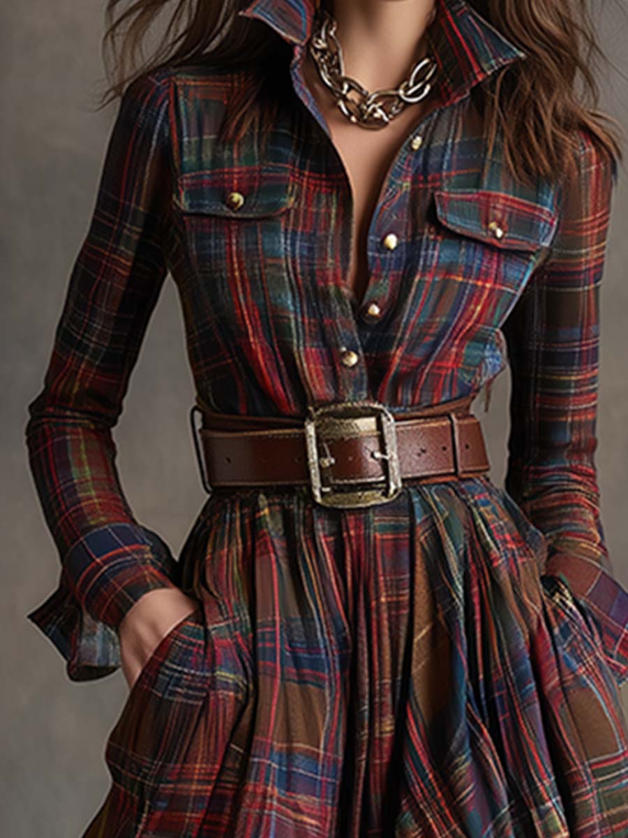 Monica | Brown Plaid Maxi Dress (With Belt)