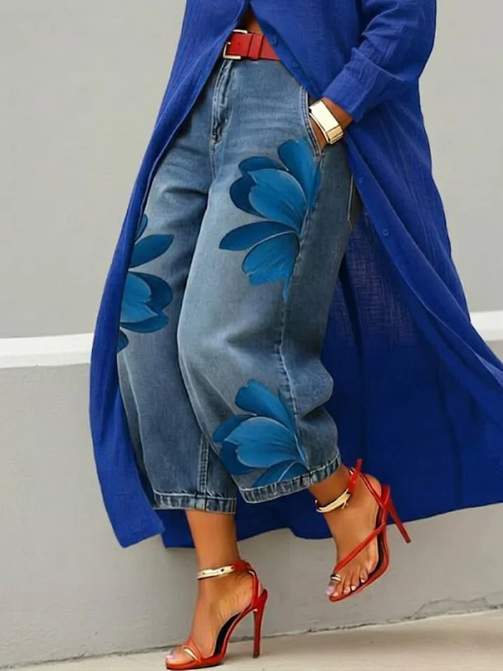 Elysia - Linen Shirt Dress and Floral Jeans