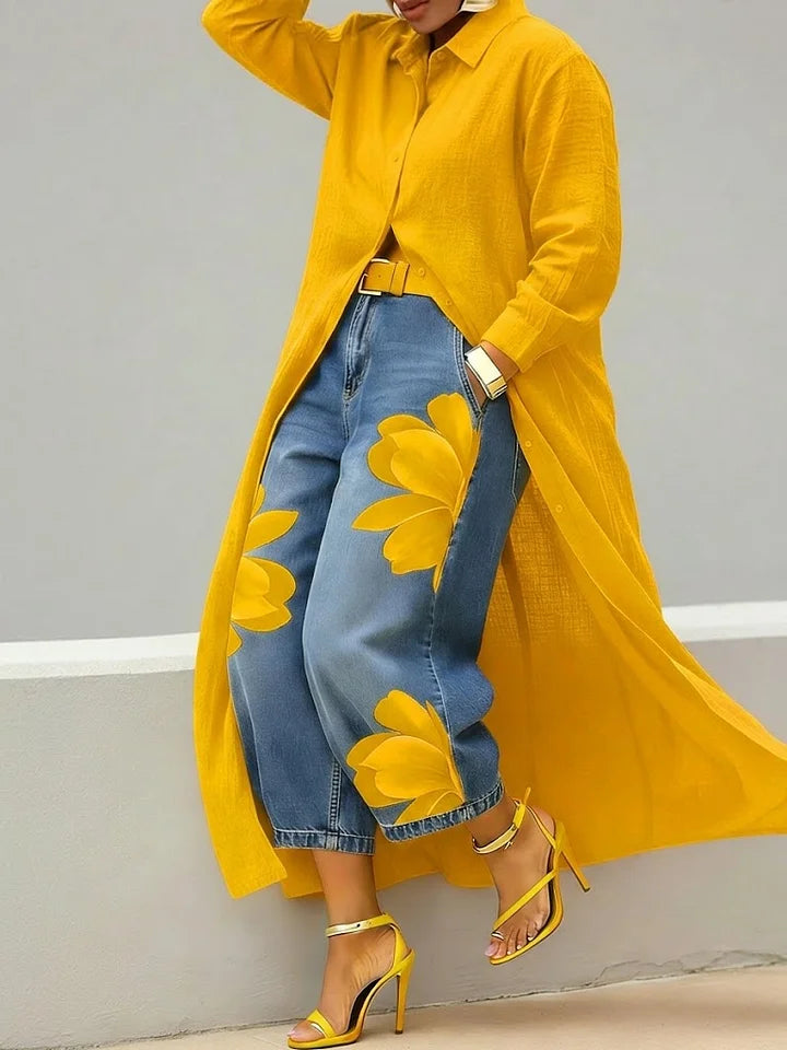 Elysia - Linen Shirt Dress and Floral Jeans