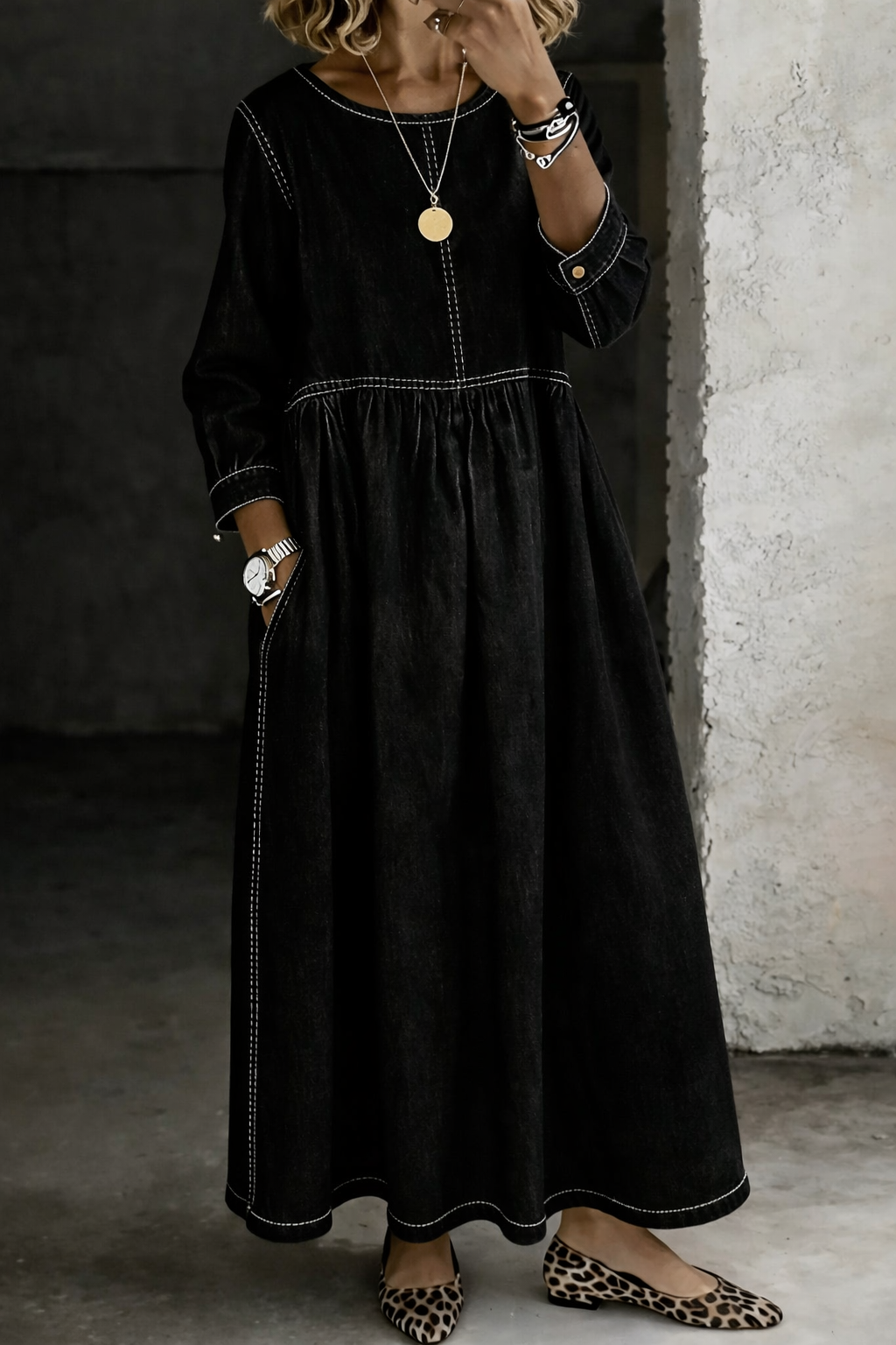 Melissa | Round Neck Long Sleeve Denim Dress