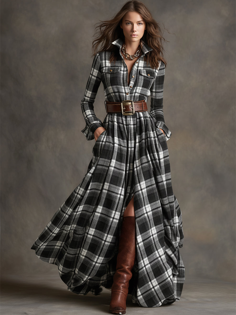 Monica | Brown Plaid Maxi Dress (With Belt)  Carter-Monroe