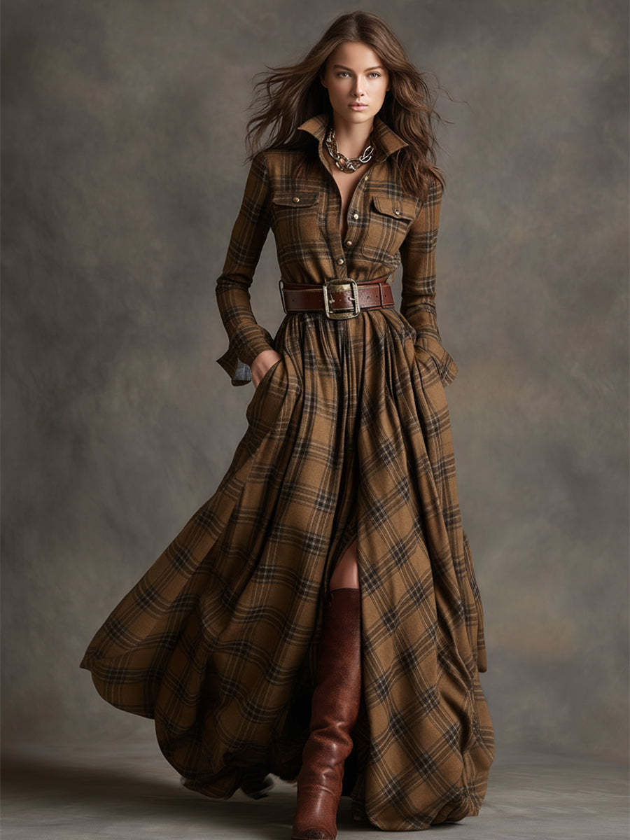 brown plaid maxi dress Multicolor Plaid Notched Neck High Waist Maxi Dress