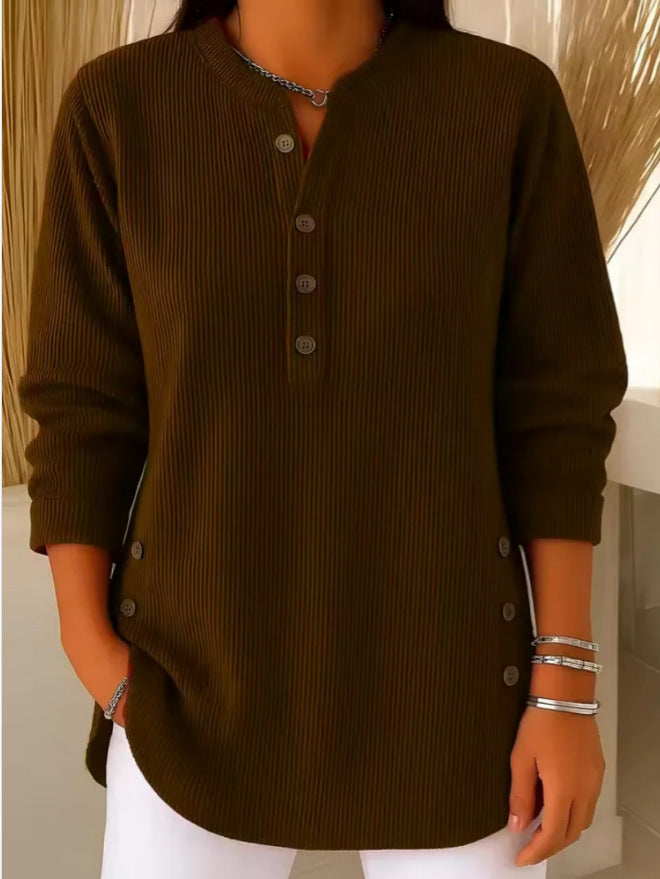 Avenelle- Casual Ribbed Long Sleeve Henley Top