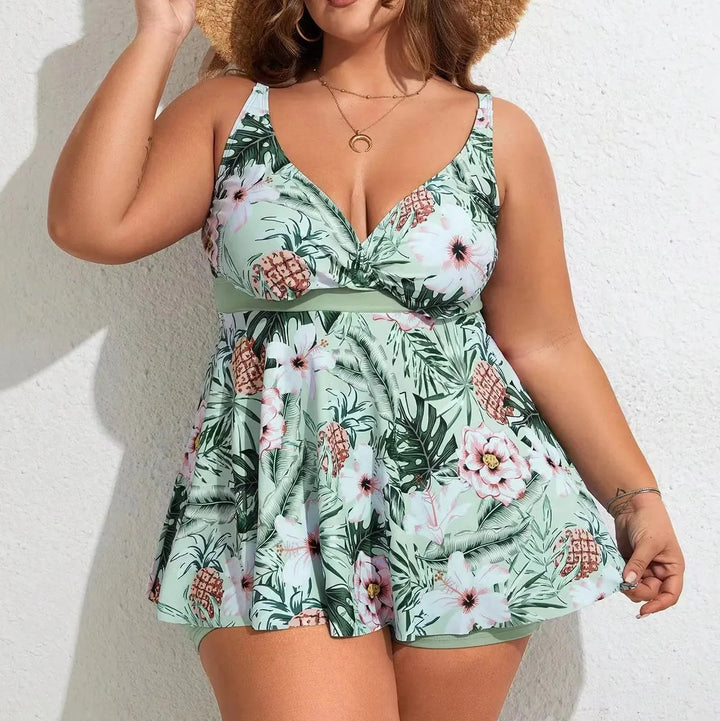 Sophia | Plus Size Tropical Bloom Swimdress with Boyshorts
