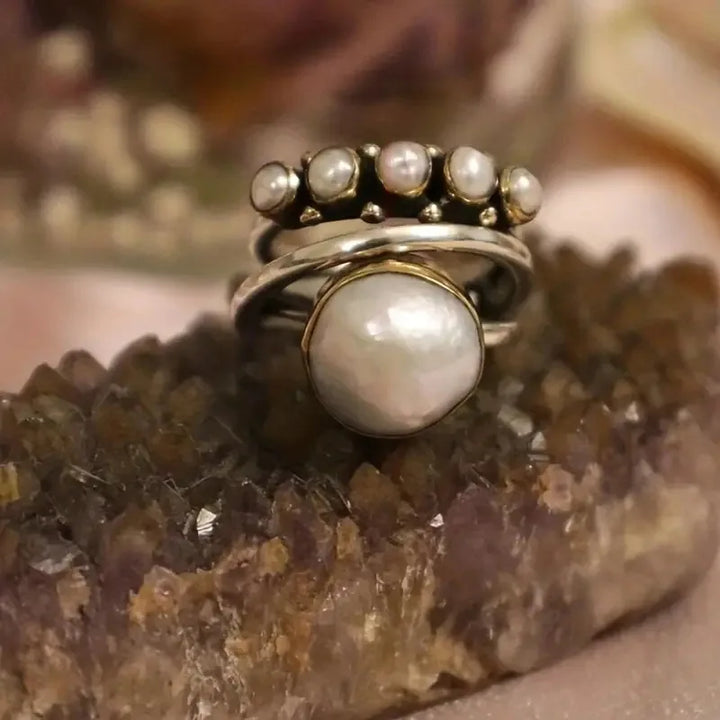 Elegant Silver Pearl Stacking Layered Ring Set
