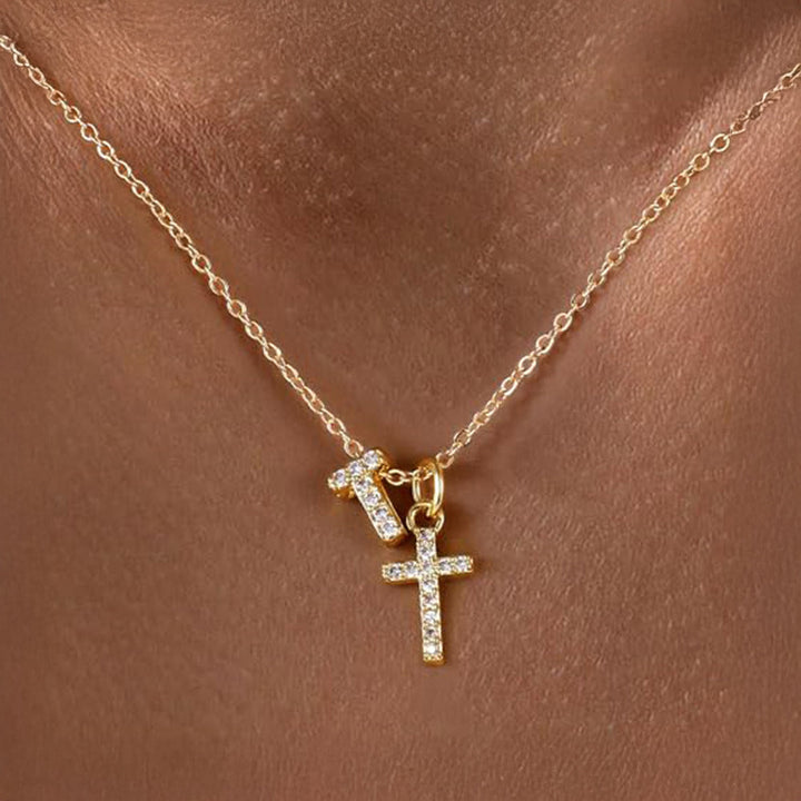 Dainty Diamond Initial & Cross Pendant Necklace