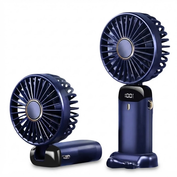 Rechargeable Mini Handheld Fan – 5000 mAh Battery, 90° Foldable Design, 5 Speed Settings, LED Display, USB Charging Port