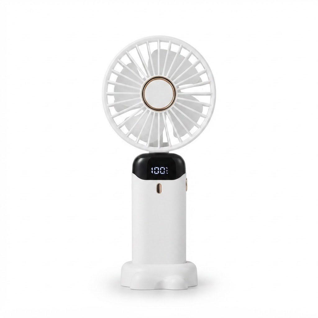 Rechargeable Mini Handheld Fan – 5000 mAh Battery, 90° Foldable Design, 5 Speed Settings, LED Display, USB Charging Port
