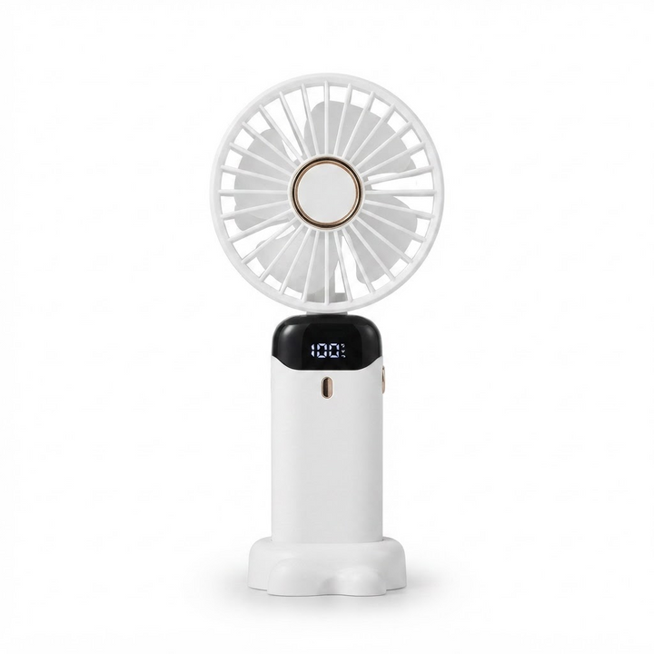 Rechargeable Mini Handheld Fan – 5000 mAh Battery, 90° Foldable Design, 5 Speed Settings, LED Display, USB Charging Port
