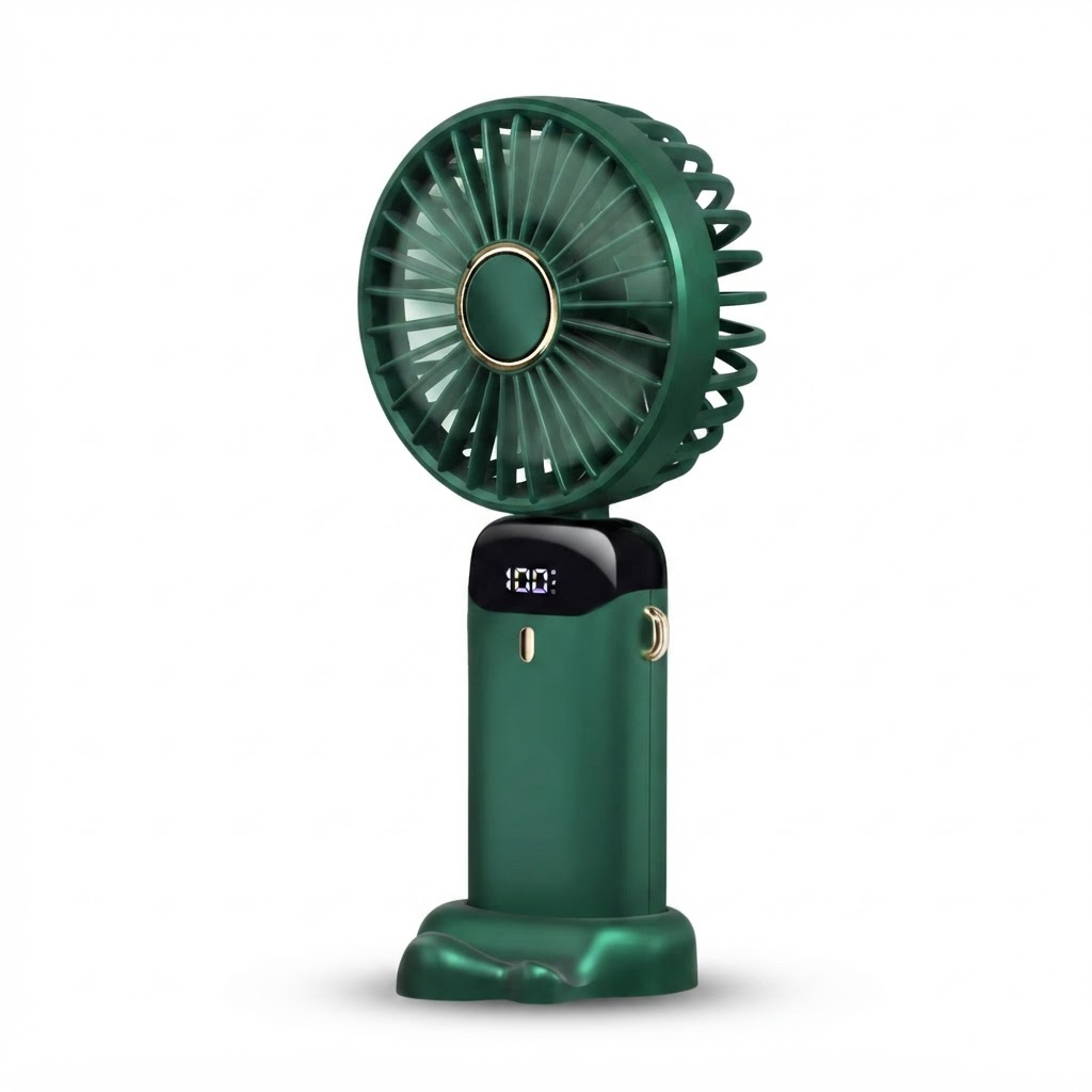 Rechargeable Mini Handheld Fan – 5000 mAh Battery, 90° Foldable Design, 5 Speed Settings, LED Display, USB Charging Port