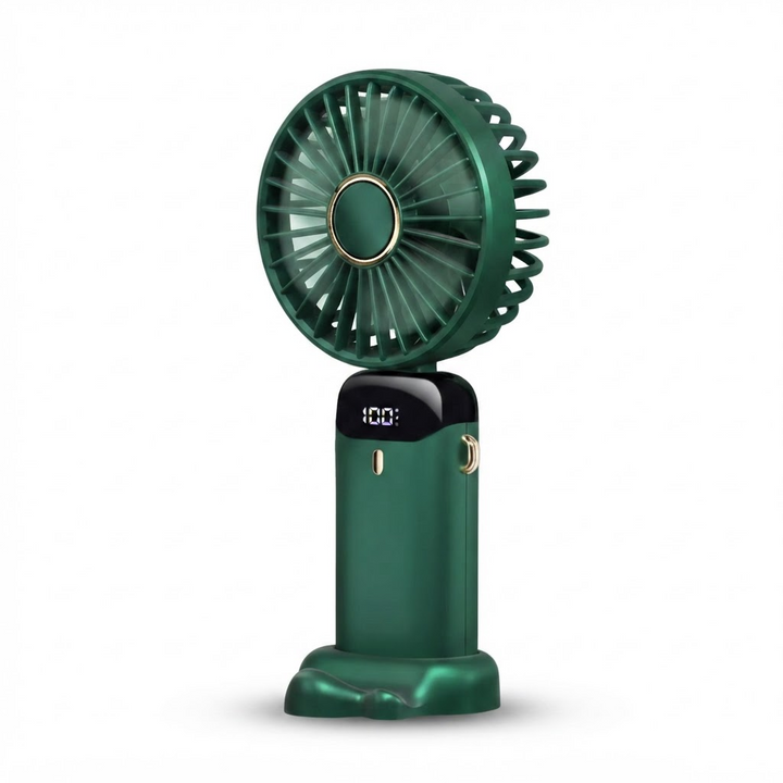 Rechargeable Mini Handheld Fan – 5000 mAh Battery, 90° Foldable Design, 5 Speed Settings, LED Display, USB Charging Port