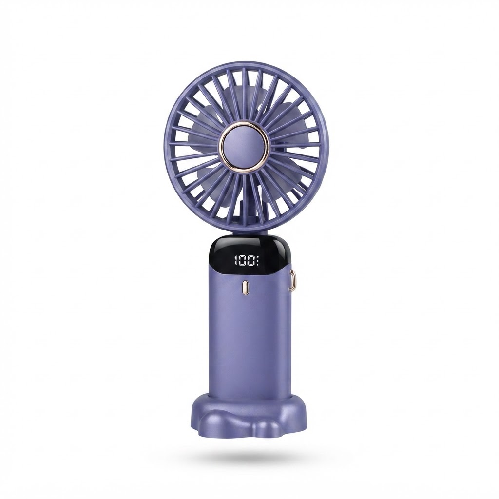 Rechargeable Mini Handheld Fan – 5000 mAh Battery, 90° Foldable Design, 5 Speed Settings, LED Display, USB Charging Port
