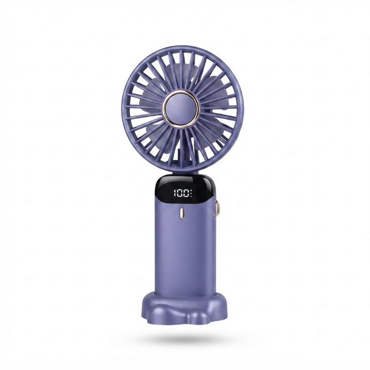 Rechargeable Mini Handheld Fan – 5000 mAh Battery, 90° Foldable Design, 5 Speed Settings, LED Display, USB Charging Port