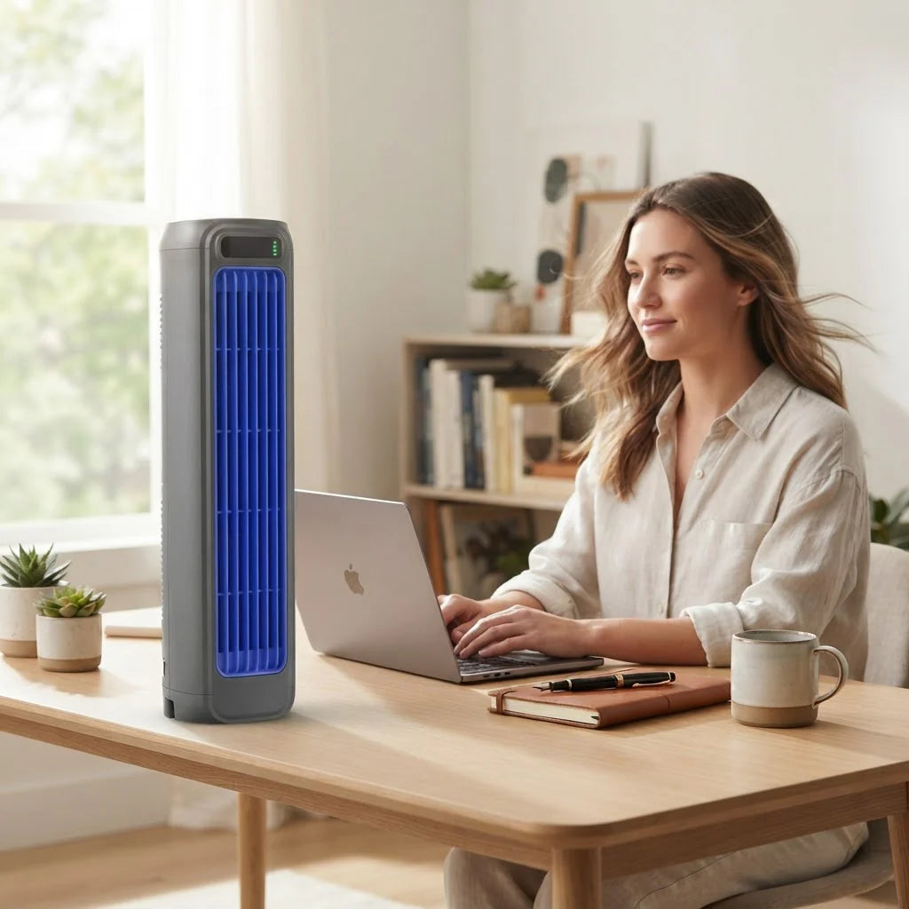 Compact Bladeless Tower Fan – 2000 mAh, Silent Operation, Versatile Wall and Desk Use, 3 Speed Options