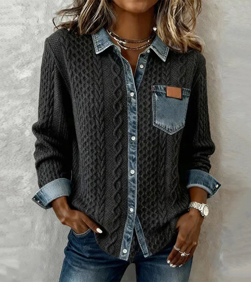 Ashley | Patchwork Knit Top with Denim Details