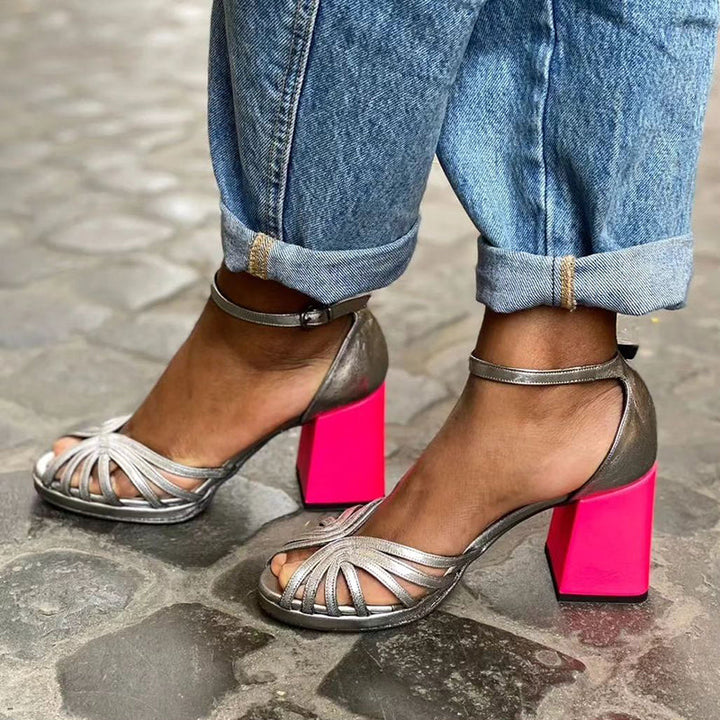 Seraphina™ | Colorful Shiny Sandals with Buckle and Thick Heel