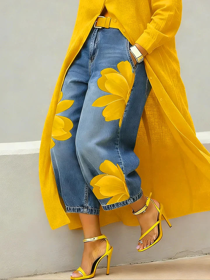 Elysia - Linen Shirt Dress and Floral Jeans