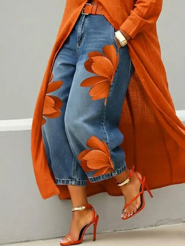 Elysia - Linen Shirt Dress and Floral Jeans