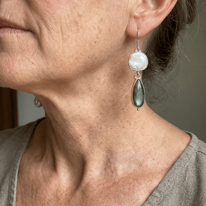 Elegant Labradorite Pearl Statement Drop Earrings