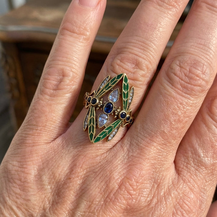 Bohemian Art Nouveau Dragon Fly Zirconia Gold Plated Ring