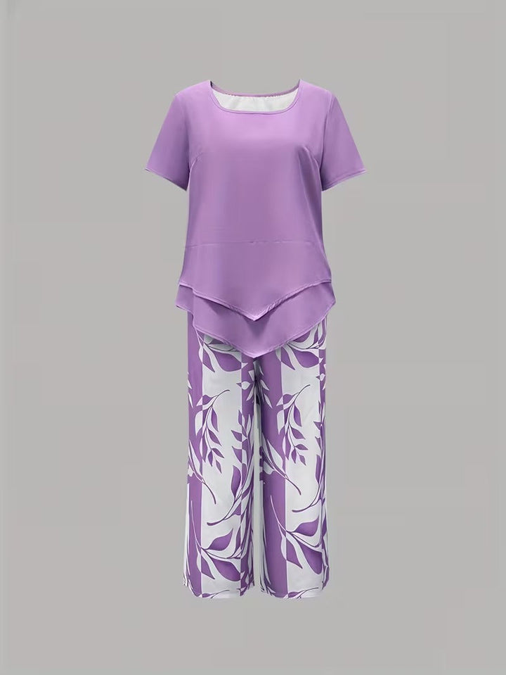 Casual Leaf Print Two Piece Set