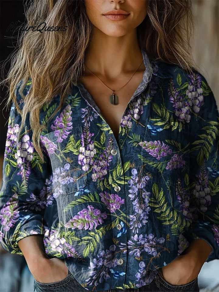 Lavender Repeat Pattern Printed Women's Casual Long Sleeve Comfortable Cotton Shirt