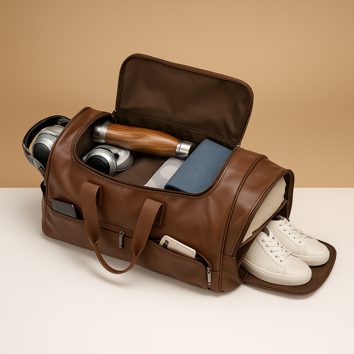 Leather travel duffle bag with shoe compartment for men | Franklin